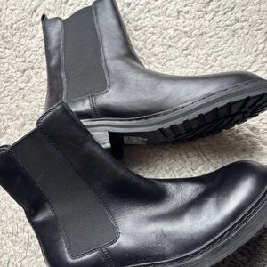 Clarks Black Smooth Leather Chelsea Booties with Lug Sole